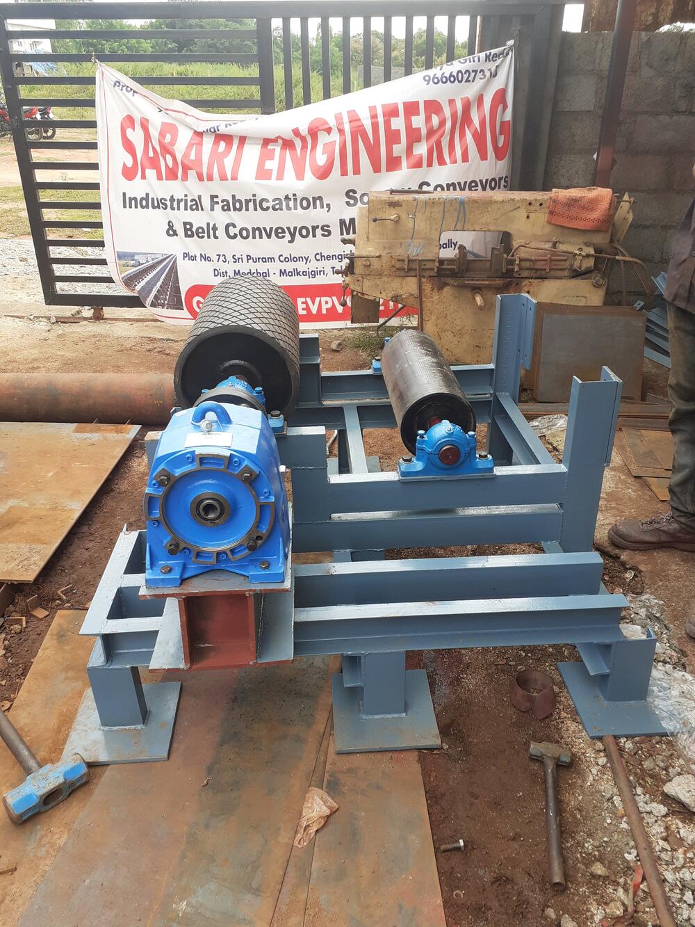Head pulley conveyor assembly at Sabari Engineering workshop